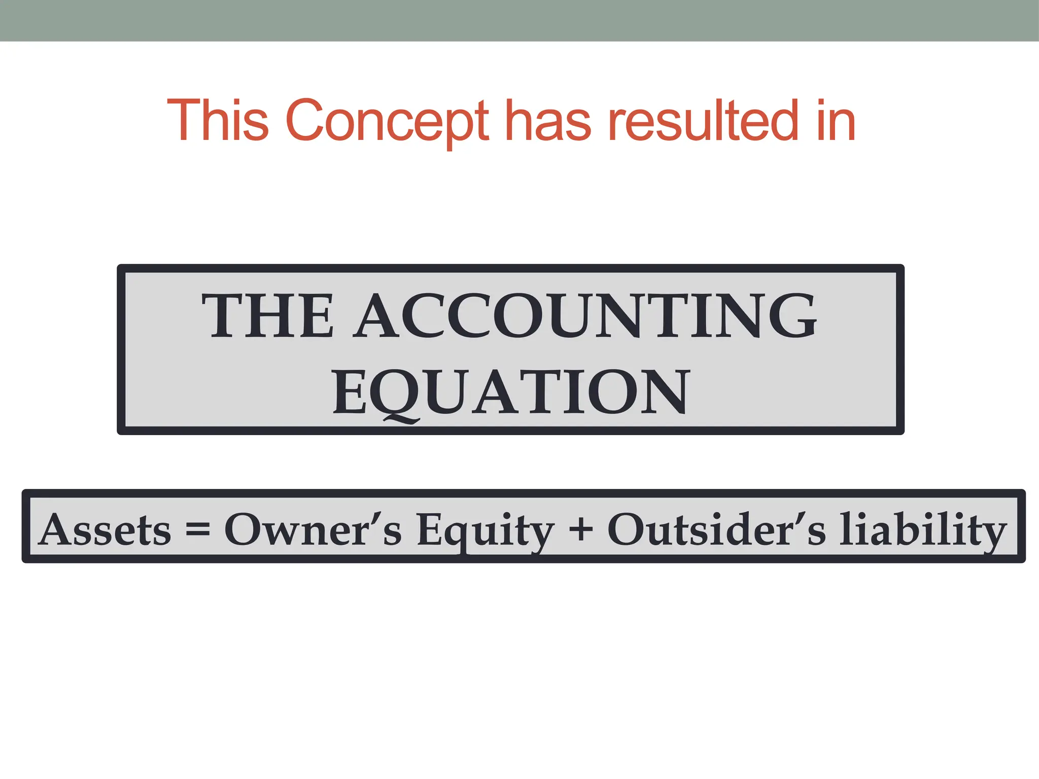 This Concept has resulted in
THE ACCOUNTING
EQUATION
Assets = Owner’s Equity + Outsider’s liability
 