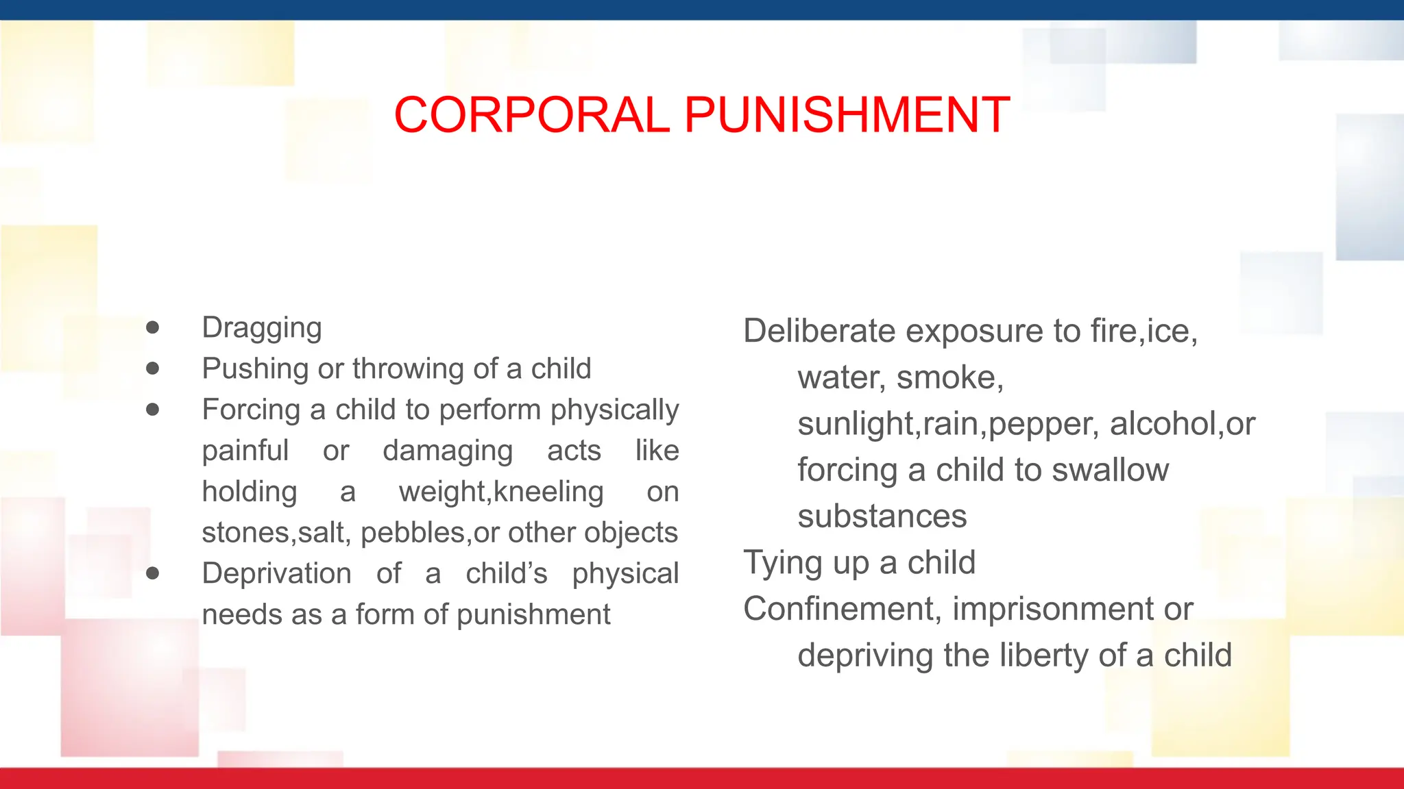 CORPORAL PUNISHMENT
● Dragging
● Pushing or throwing of a child
● Forcing a child to perform physically
painful or damaging acts like
holding a weight,kneeling on
stones,salt, pebbles,or other objects
● Deprivation of a child’s physical
needs as a form of punishment
Deliberate exposure to fire,ice,
water, smoke,
sunlight,rain,pepper, alcohol,or
forcing a child to swallow
substances
Tying up a child
Confinement, imprisonment or
depriving the liberty of a child
 