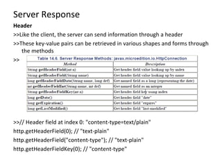 Server Response Header  >>Like the client, the server can send information through a header >>These key-value pairs can be retrieved in various shapes and forms through the methods >> >>// Header field at index 0: "content-type=text/plain" http.getHeaderField(0); // "text-plain" http.getHeaderField("content-type"); // "text-plain" http.getHeaderFieldKey(0); // "content-type" 