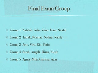 Final Exam Group
Group 1: Nabilah, Azka, Zaim, Dara, Naufal
Group 2: Taufik, Romina, Nadira, Nabila
Group 3: Arin, Vira, Rio, Fatin
Group 4: Sarah, Angghi, Bima, Niqah
Group 5: Agnes, Mila, Chelsea, Azin
 