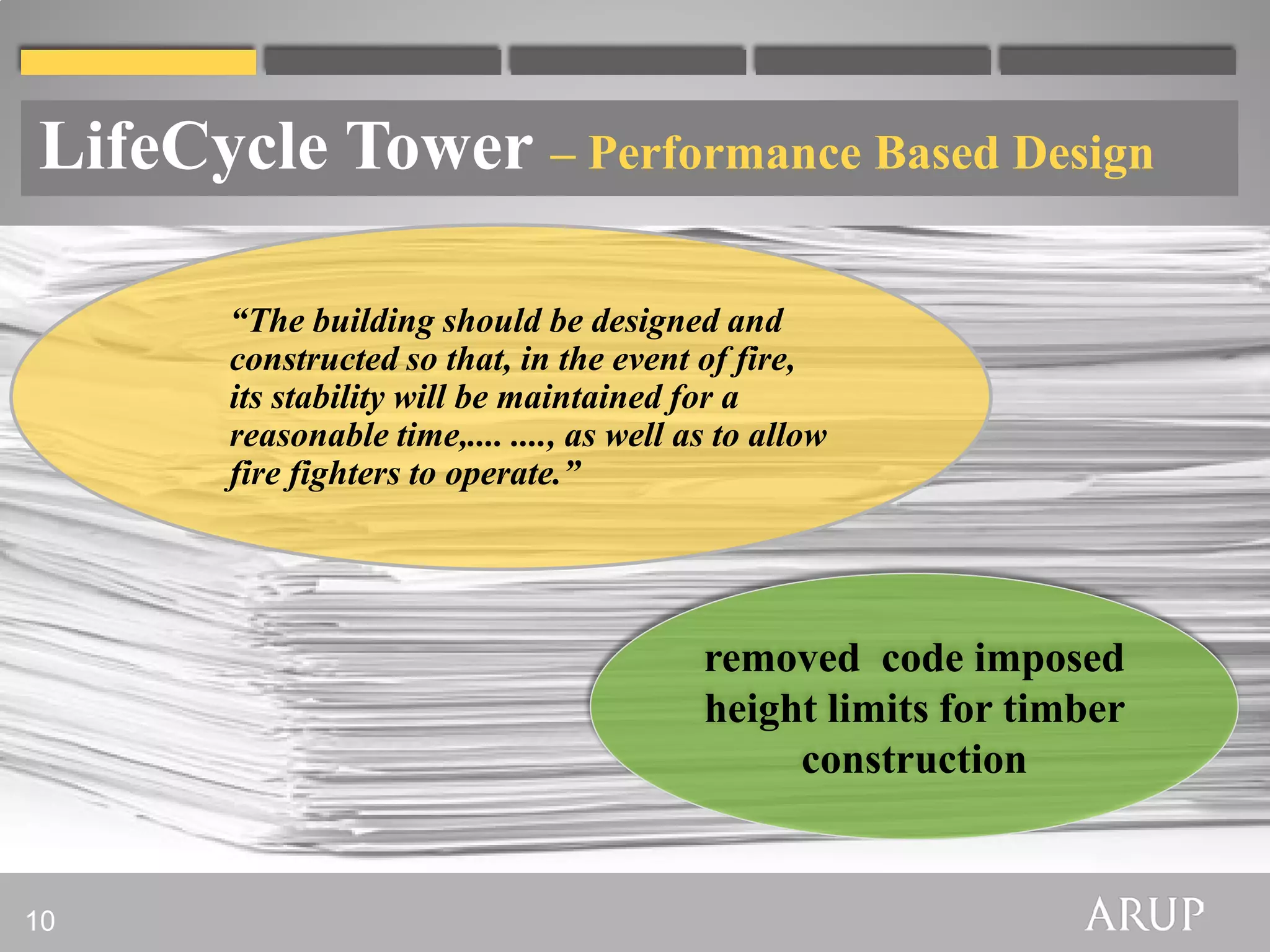 LifeCycle Tower – Performance Based Design

       “The building should be designed and
       constructed so that, in the event of fire,
       its stability will be maintained for a
       reasonable time,.... ...., as well as to allow
       fire fighters to operate.”




                                           removed code imposed
                                           height limits for timber
                                                construction


10
 