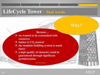 LifeCycle Tower – final words

                                               Why?
                         Because…
        we wanted to be economical with
         resources
        timber is CO2 neutral
        the modular building system is much
         faster
        a high quality of elements could be
         guaranteed through significant
         prefabrication
                        ………..


31
 