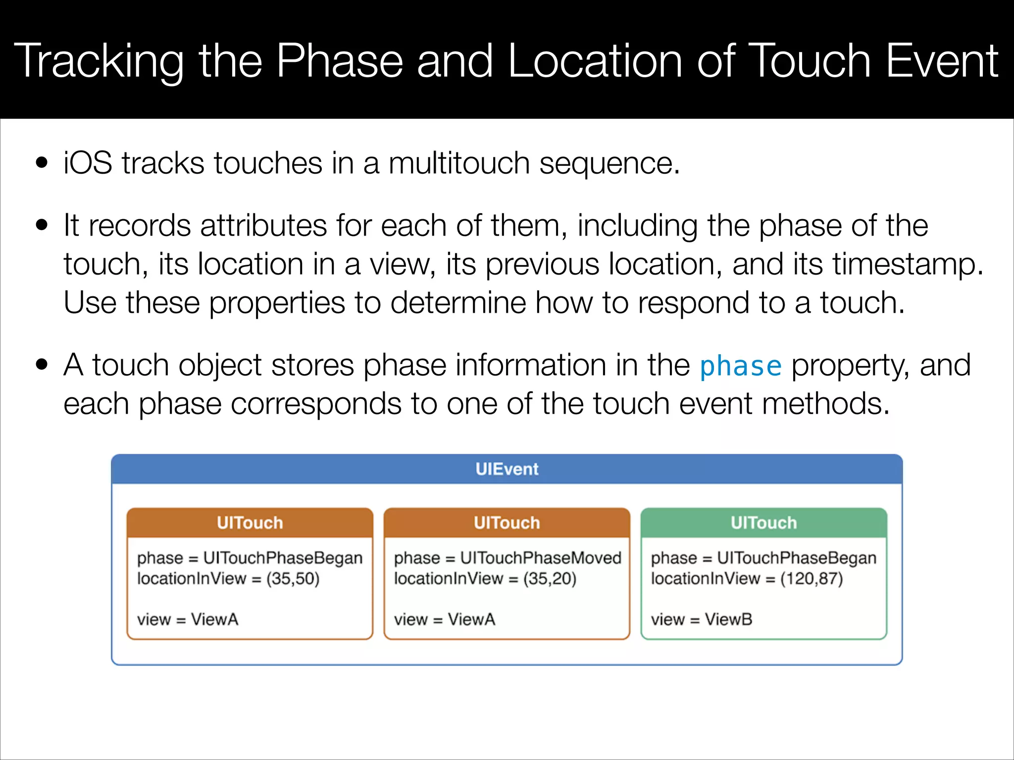 • iOS tracks touches in a multitouch sequence.
• It records attributes for each of them, including the phase of the
touch, its location in a view, its previous location, and its timestamp.
Use these properties to determine how to respond to a touch.
• A touch object stores phase information in the phase property, and
each phase corresponds to one of the touch event methods.
Tracking the Phase and Location of Touch Event
 