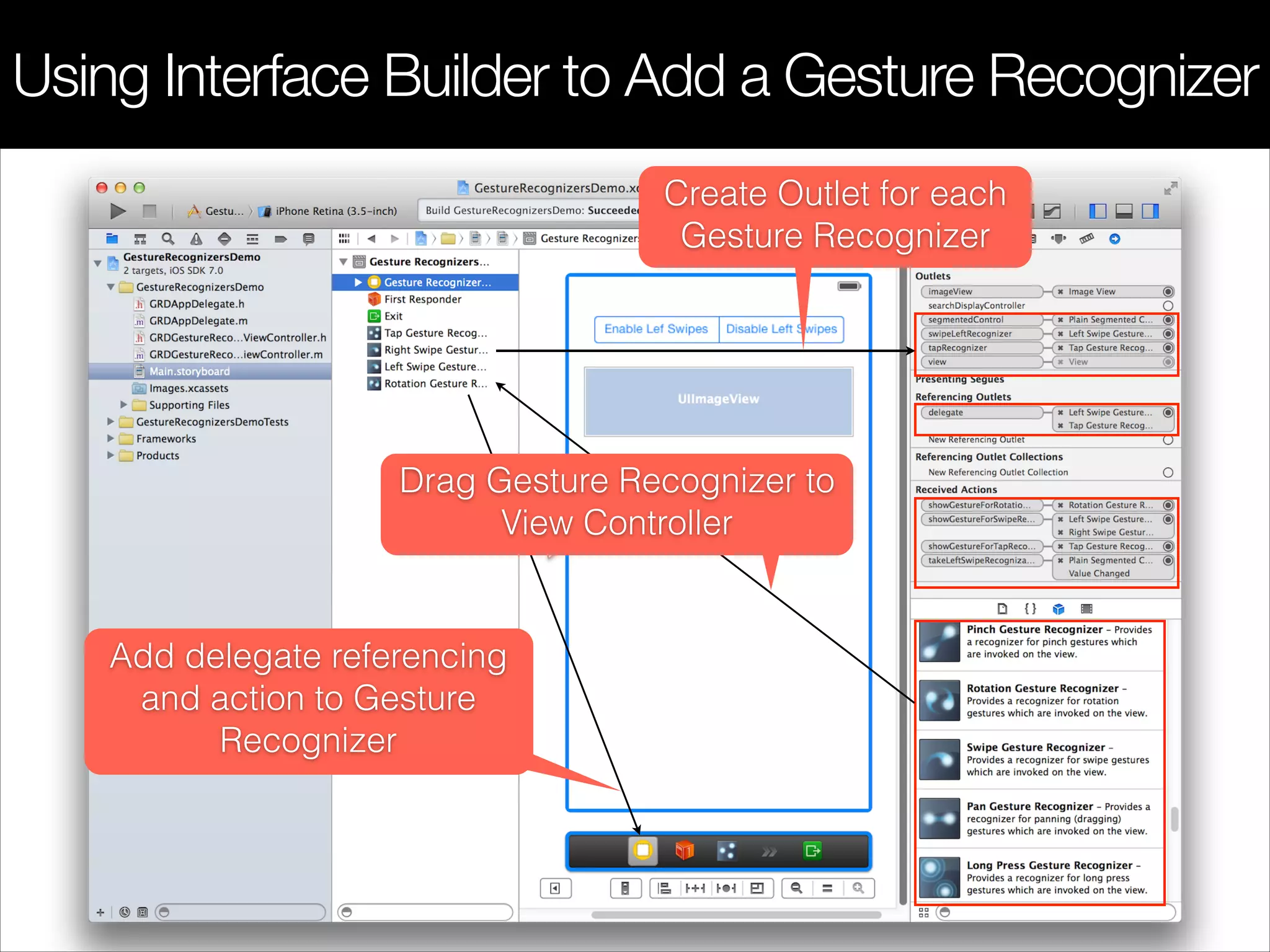Using Interface Builder to Add a Gesture Recognizer
Drag Gesture Recognizer to
View Controller
Create Outlet for each
Gesture Recognizer
Add delegate referencing
and action to Gesture
Recognizer
 