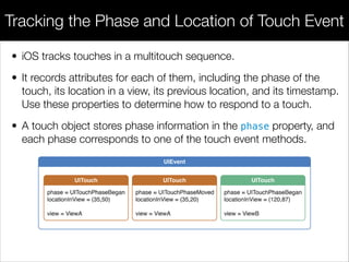 • iOS tracks touches in a multitouch sequence.
• It records attributes for each of them, including the phase of the
touch, its location in a view, its previous location, and its timestamp.
Use these properties to determine how to respond to a touch.
• A touch object stores phase information in the phase property, and
each phase corresponds to one of the touch event methods.
Tracking the Phase and Location of Touch Event
 