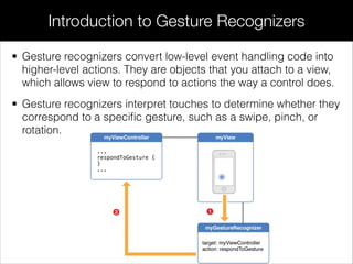 Introduction to Gesture Recognizers
• Gesture recognizers convert low-level event handling code into
higher-level actions. They are objects that you attach to a view,
which allows view to respond to actions the way a control does.
• Gesture recognizers interpret touches to determine whether they
correspond to a speciﬁc gesture, such as a swipe, pinch, or
rotation.
 