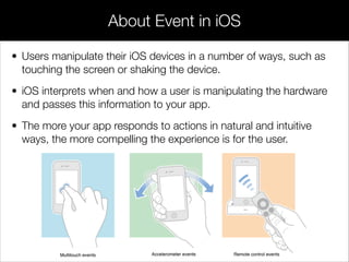 • Users manipulate their iOS devices in a number of ways, such as
touching the screen or shaking the device.
• iOS interprets when and how a user is manipulating the hardware
and passes this information to your app.
• The more your app responds to actions in natural and intuitive
ways, the more compelling the experience is for the user.
About Event in iOS
 