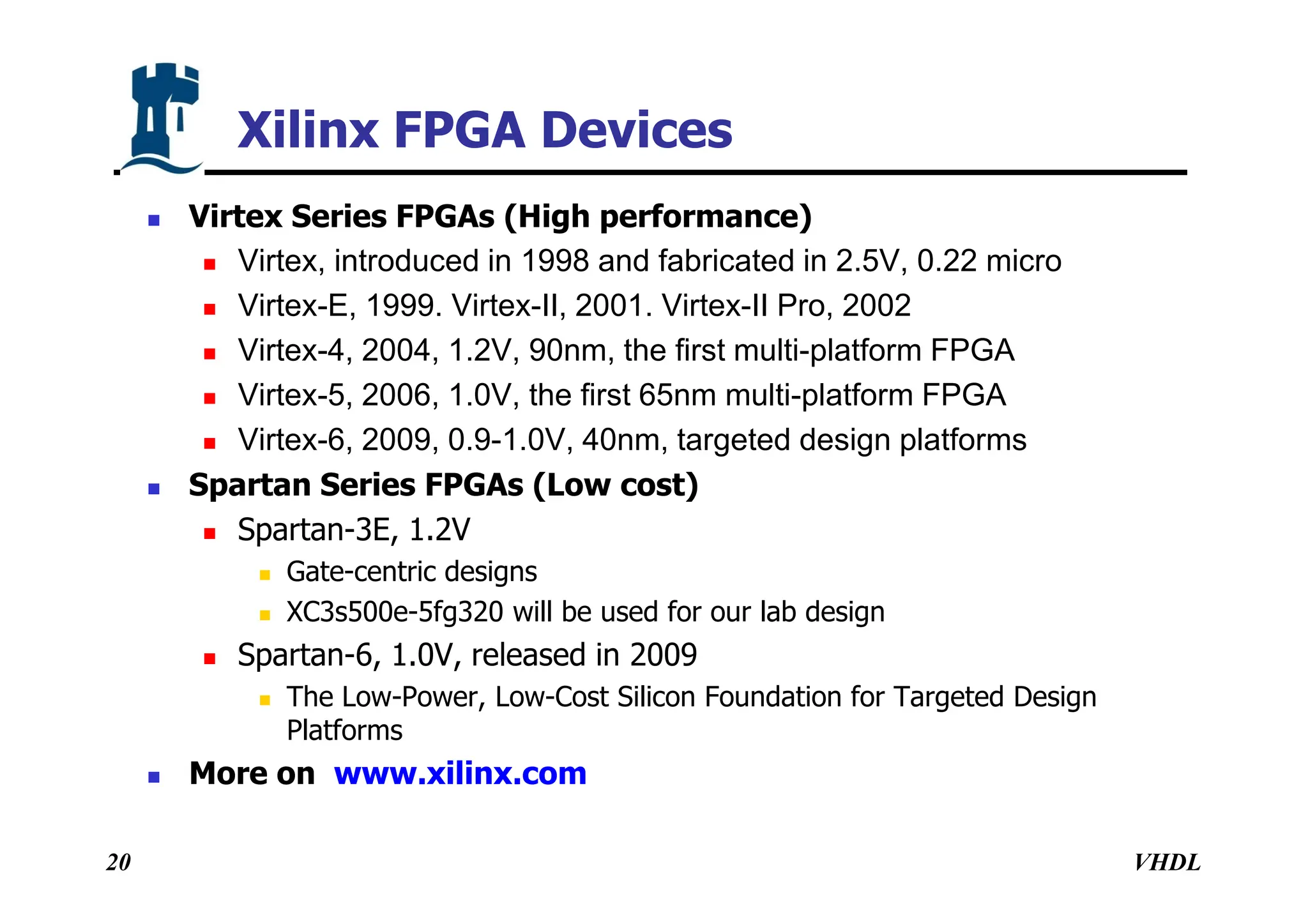 VHDL
20
 Virtex Series FPGAs (High performance)
 Virtex, introduced in 1998 and fabricated in 2.5V, 0.22 micro
 Virtex-E, 1999. Virtex-II, 2001. Virtex-II Pro, 2002
 Virtex-4, 2004, 1.2V, 90nm, the first multi-platform FPGA
 Virtex-5, 2006, 1.0V, the first 65nm multi-platform FPGA
 Virtex-6, 2009, 0.9-1.0V, 40nm, targeted design platforms
 Spartan Series FPGAs (Low cost)
 Spartan-3E, 1.2V
 Gate-centric designs
 XC3s500e-5fg320 will be used for our lab design
 Spartan-6, 1.0V, released in 2009
 The Low-Power, Low-Cost Silicon Foundation for Targeted Design
Platforms
 More on www.xilinx.com
Xilinx FPGA Devices
 