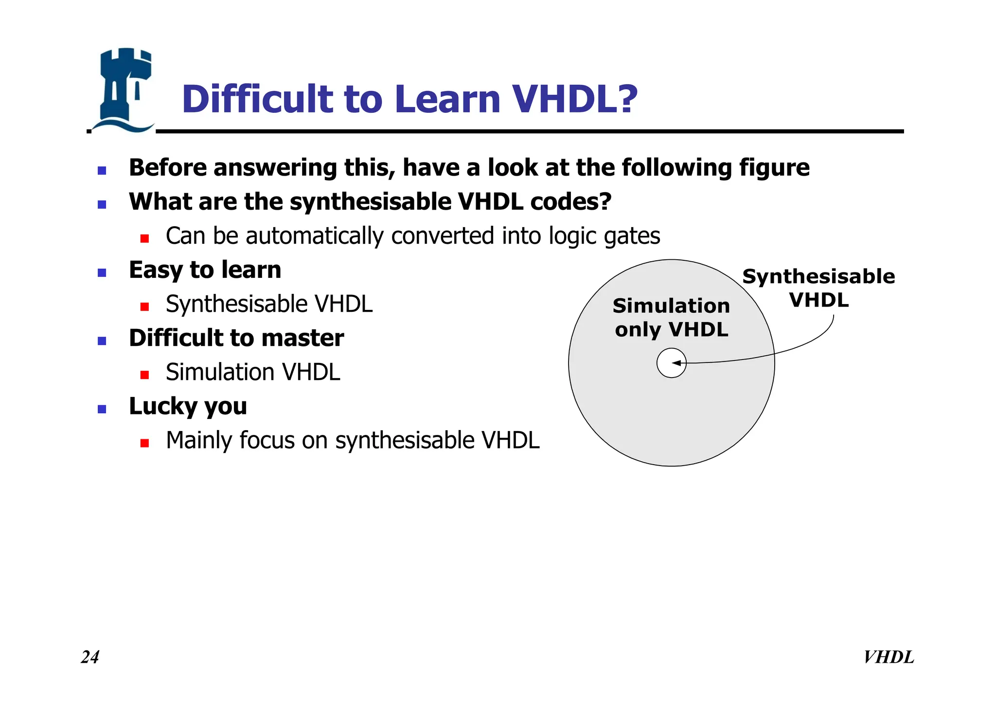 VHDL
24
Difficult to Learn VHDL?
 Before answering this, have a look at the following figure
 What are the synthesisable VHDL codes?
 Can be automatically converted into logic gates
 Easy to learn
 Synthesisable VHDL
 Difficult to master
 Simulation VHDL
 Lucky you
 Mainly focus on synthesisable VHDL
Simulation
only VHDL
Synthesisable
VHDL
 