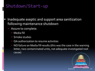 Shutdown/Start-up

 Inadequate aseptic and support area sanitization
  following maintenance shutdown
   Assure to complete:
     Media fill
     Smoke studies
     QA authorization to resume activities
     NO failure on Media fill results (this was the case in the warning
      letter, two contaminated units, not adequate investigated root
      cause)




                                                      8/30/2012            21
 