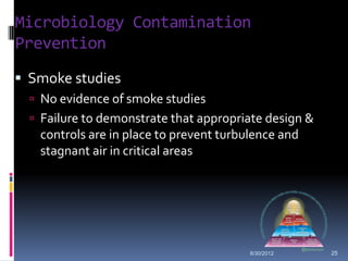 Microbiology Contamination
Prevention
 Smoke studies
   No evidence of smoke studies
   Failure to demonstrate that appropriate design &
   controls are in place to prevent turbulence and
   stagnant air in critical areas




                                         8/30/2012     25
 
