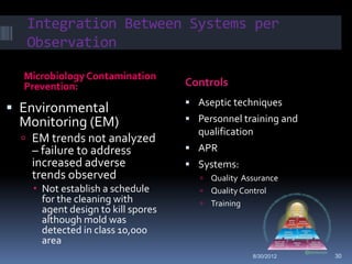Integration Between Systems per
   Observation

  Microbiology Contamination
  Prevention:                       Controls
                                     Aseptic techniques
 Environmental
 Monitoring (EM)                     Personnel training and
                                      qualification
   EM trends not analyzed
   – failure to address              APR
   increased adverse                 Systems:
   trends observed                      Quality Assurance
     Not establish a schedule          Quality Control
      for the cleaning with             Training
      agent design to kill spores
      although mold was
      detected in class 10,000
      area
                                                   8/30/2012   30
 