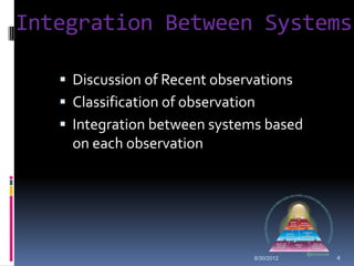 Integration Between Systems

    Discussion of Recent observations
    Classification of observation
    Integration between systems based
    on each observation




                              8/30/2012   4
 