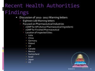 Recent Health Authorities
Findings
    Discussion of 2011- 2012 Warning letters
      Eighteen (18) Warning letters
      Focused on Pharmaceutical Industries
         cGMP for API (Active Pharmaceutical Ingredient)
         cGMP for Finished Pharmaceutical
         Location of inspected Sites:
              India
              China
              Germany
              Poland
              UK
              Canada
              Mexico
              Switzerland
              Israel
              Japan
              US

                                                    8/30/2012   5
 
