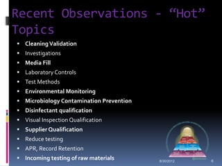 Recent Observations - “Hot”
Topics
 Cleaning Validation
 Investigations
 Media Fill
 Laboratory Controls
 Test Methods
 Environmental Monitoring
 Microbiology Contamination Prevention
 Disinfectant qualification
 Visual Inspection Qualification
 Supplier Qualification
 Reduce testing
 APR, Record Retention
 Incoming testing of raw materials       8/30/2012   6
 