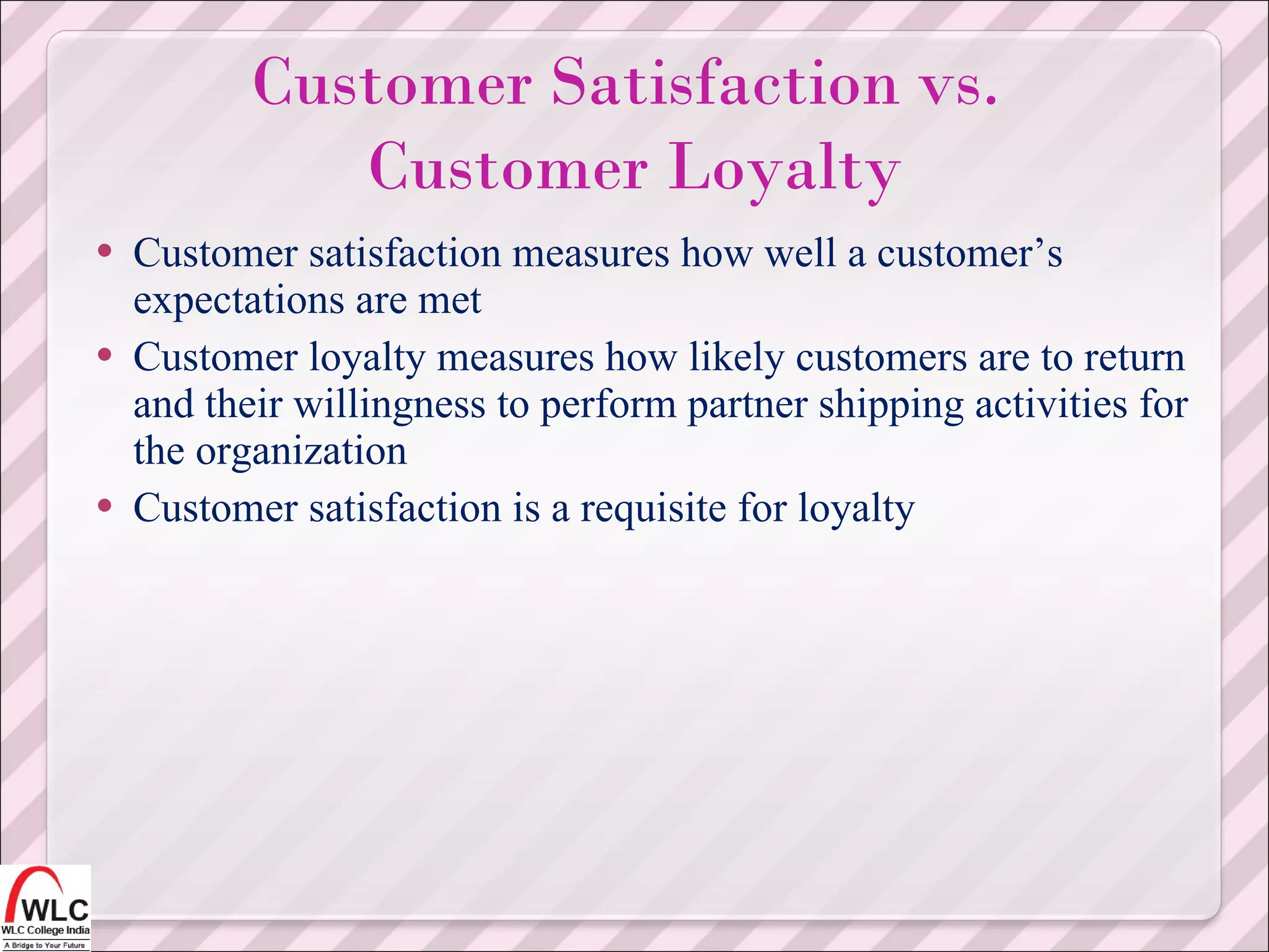 Customer satisfaction measures how well a customer’s expectations are met  Customer loyalty measures how likely customers are to return and their willingness to perform partner shipping activities for the organization  Customer satisfaction is a requisite for loyalty Customer Satisfaction vs.  Customer Loyalty 