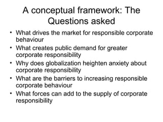 A conceptual framework: The
         Questions asked
• What drives the market for responsible corporate
  behaviour
• What creates public demand for greater
  corporate responsibility
• Why does globalization heighten anxiety about
  corporate responsibility
• What are the barriers to increasing responsible
  corporate behaviour
• What forces can add to the supply of corporate
  responsibility
 