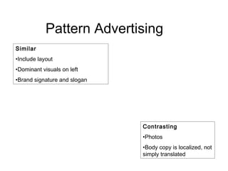 Pattern Advertising
Similar
•Include layout
•Dominant visuals on left
•Brand signature and slogan




                              Contrasting
                              •Photos
                              •Body copy is localized, not
                              simply translated
 