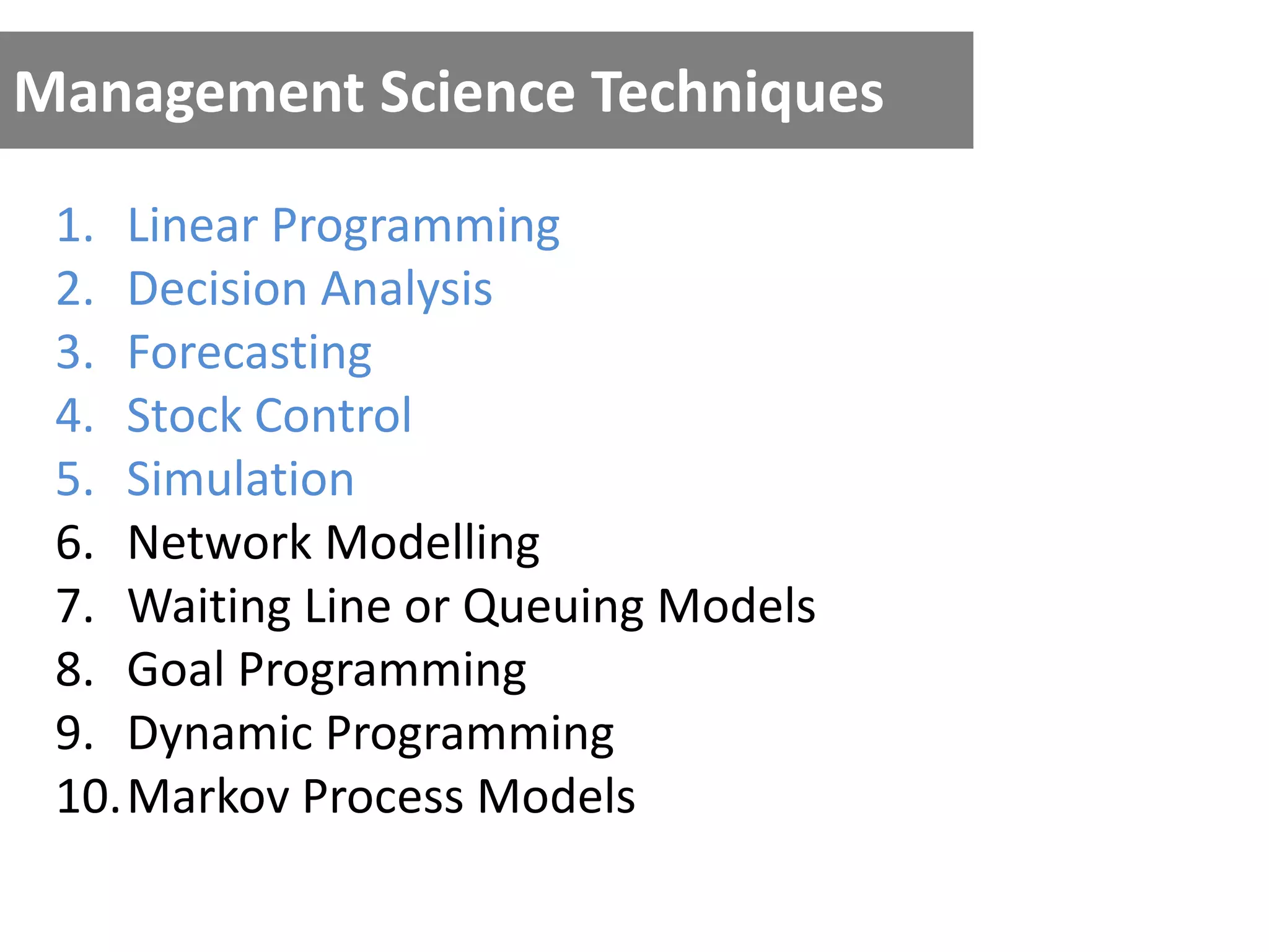 Management Science Techniques
1. Linear Programming
2. Decision Analysis
3. Forecasting
4. Stock Control
5. Simulation
6. Network Modelling
7. Waiting Line or Queuing Models
8. Goal Programming
9. Dynamic Programming
10.Markov Process Models
 