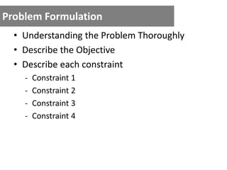 Problem Formulation
• Understanding the Problem Thoroughly
• Describe the Objective
• Describe each constraint
- Constraint 1
- Constraint 2
- Constraint 3
- Constraint 4
 