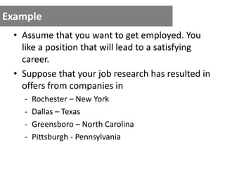 Example
• Assume that you want to get employed. You
like a position that will lead to a satisfying
career.
• Suppose that your job research has resulted in
offers from companies in
- Rochester – New York
- Dallas – Texas
- Greensboro – North Carolina
- Pittsburgh - Pennsylvania
 