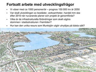 Fortsatt arbete med utvecklingsfrågor
           Vi växer med ca 1000 personer/år – prognos 150 000 inv år 2050
           Var skall utvecklingen av bostäder, verksamheter, handel mm ske
           efter 2010 när nuvarande planer och projekt är genomförda?
           Vilka är de infrastrukturella förändringar som skall utgöra
           stommen i stadsstrukturen i framtiden?
           Hur kan den unika resurs som Munksjön utgör utnyttjas på bästa sätt?




STADSKONTORET
Josephine Nellerup, 081208
Stadsbyggnadsvisionen 2.0 – Staden och sjöarna
 