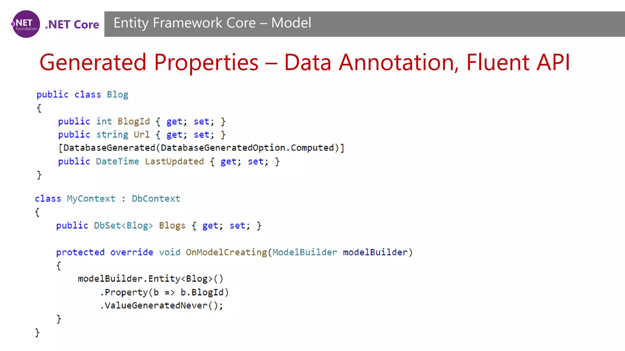 .NET Core Generated Properties – Data Annotation, Fluent API Entity Framework Core – Model 