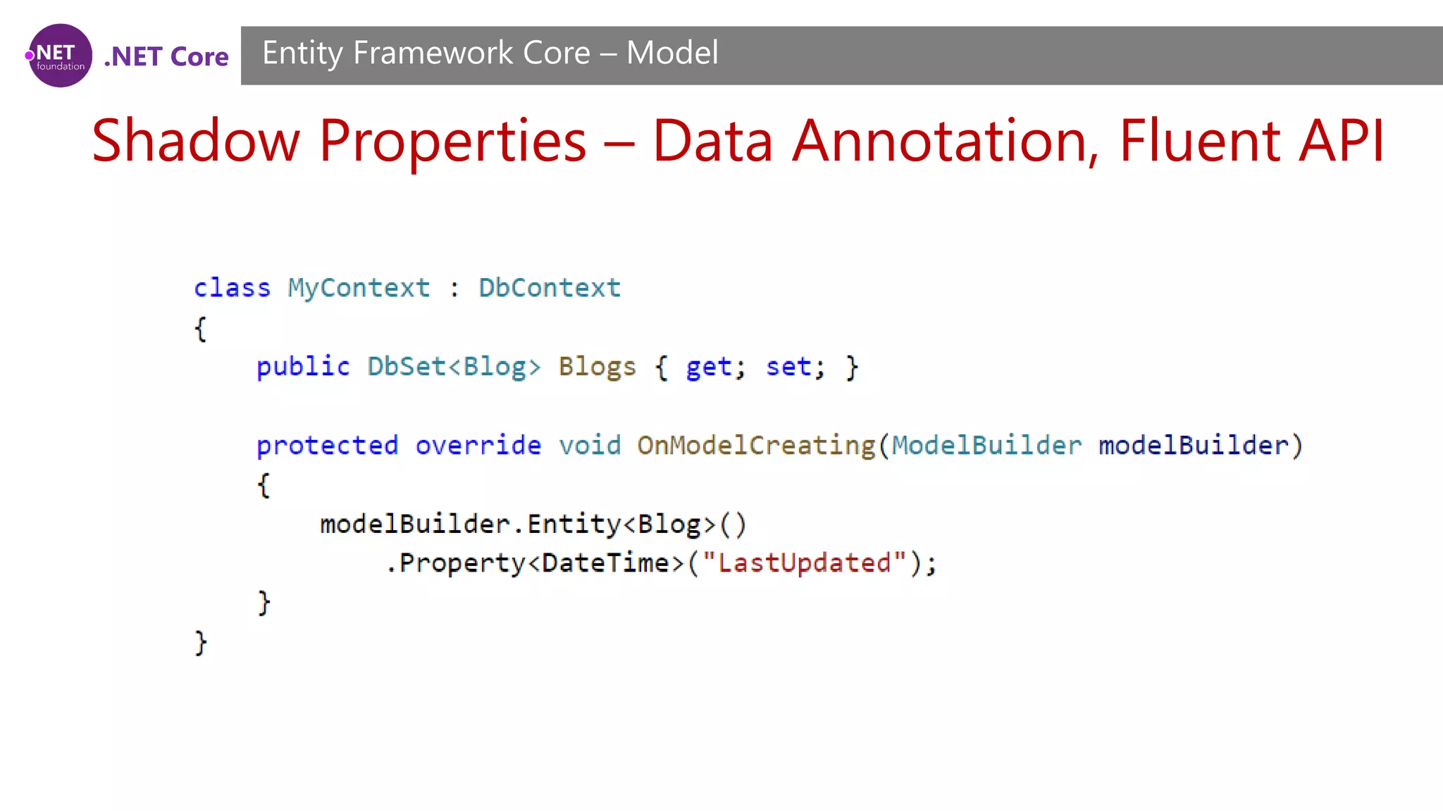 .NET Core Shadow Properties – Data Annotation, Fluent API Entity Framework Core – Model 