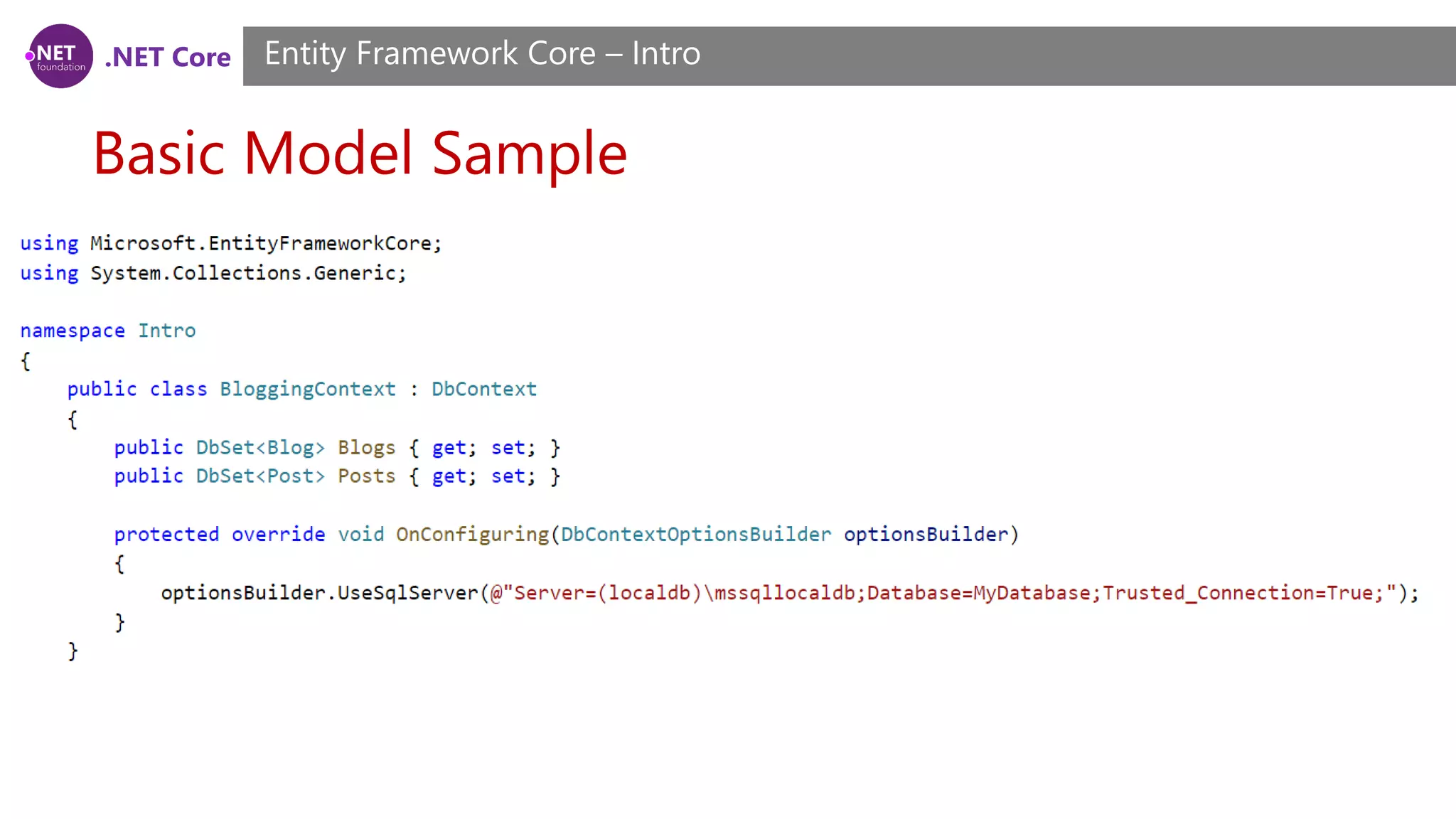 .NET Core Basic Model Sample Entity Framework Core – Intro 