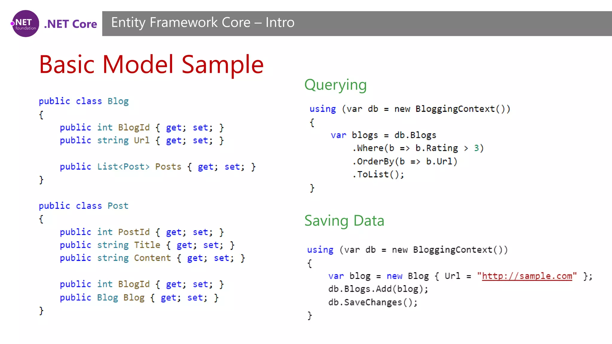 .NET Core Basic Model Sample Entity Framework Core – Intro Saving Data Querying 