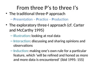 From three P’s to three I’s
• The traditional three-P approach
– Presentation – Practice – Production
• The exploratory three-I approach (cf. Carter
and McCarthy 1995)
– Illustration: looking at real data
– Interaction: discussing and sharing opinions and
observations
– Induction: making one’s own rule for a particular
feature, which ‘will be refined and honed as more
and more data is encountered’ (ibid 1995: 155)
 