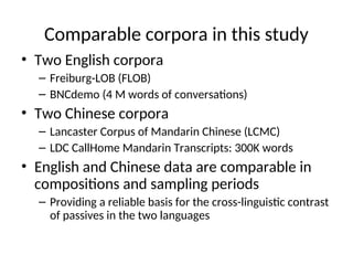 Comparable corpora in this study
• Two English corpora
– Freiburg-LOB (FLOB)
– BNCdemo (4 M words of conversations)
• Two Chinese corpora
– Lancaster Corpus of Mandarin Chinese (LCMC)
– LDC CallHome Mandarin Transcripts: 300K words
• English and Chinese data are comparable in
compositions and sampling periods
– Providing a reliable basis for the cross-linguistic contrast
of passives in the two languages
 