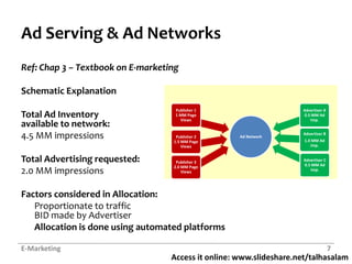 Ad Serving & Ad NetworksRef: Chap 3 – Textbook on E-marketingSchematic ExplanationTotal Ad Inventoryavailable to network:4.5 MM impressionsTotal Advertising requested:2.0 MM impressionsFactors considered in Allocation:Proportionate to trafficBID made by Advertiser	Allocation is done using automated platformsE-Marketing7