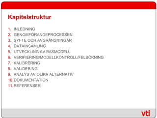 Kapitelstruktur
1. INLEDNING
2. GENOMFÖRANDEPROCESSEN
3. SYFTE OCH AVGRÄNSNINGAR
4. DATAINSAMLING
5. UTVECKLING AV BASMODELL
6. VERIFIERING/MODELLKONTROLL/FELSÖKNING
7. KALIBRERING
8. VALIDERING
9. ANALYS AV OLIKA ALTERNATIV
10. DOKUMENTATION
11. REFERENSER
 