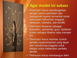 # Agar model ini sukses
 Pemimpin harus mendengarkan
dengan penuh perhatian dan
mengamati isyarat nonverbal untuk
menyadari kebutuhan anggota ,
perasaan, interaksi, dan konflik.
 Pemimpin berperan sebagai
konsultan, penasihat, guru, fasilitator
bukan sebagai direktur atau manajer
tim.
 Pemimpin harus member contoh
perilaku kepemimpinan yang tepat
dan mendorong anggota untuk
belajar untuk melakukan perilaku
sendiri.
 Pemimpin harus membangun iklim
 