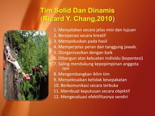 Tim Solid Dan Dinamis
(Ricard Y. Chang,2010)
1. Menyatakan secara jelas misi dan tujuan
2. Beroperasi secara kreatif
3. Mempokuskan pada hasil
4. Memperjelas peran dan tanggung jawab.
5. Diorganisasikan dengan baik
6. Dibangun atas kekuatan individu (kopentesi)
7. Saling mendukung kepepimpinan anggota
lain
8. Mengembangkan iklim tim
9. Menyelesaikan ketidak kesepakatan
10. Berkomunikasi secara terbuka
11. Membuat keputusan secara objektif
12. Mengevaluasi efektifitasnya sendiri
 