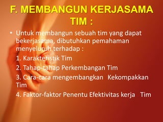 F. MEMBANGUN KERJASAMA
TIM :
• Untuk membangun sebuah tim yang dapat
bekerjasama, dibutuhkan pemahaman
menyeluruh terhadap :
1. Karakteristik Tim
2. Tahap-tahap Perkembangan Tim
3. Cara-cara mengembangkan Kekompakkan
Tim
4. Faktor-faktor Penentu Efektivitas kerja Tim
 