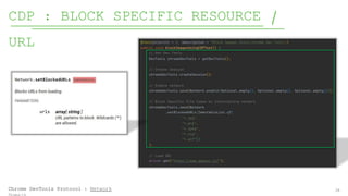 24
CDP : BLOCK SPECIFIC RESOURCE /
URL
Chrome DevTools Protocol : Network
 