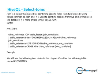 Page 21Classification: Restricted
JOIN is a clause that is used for combining specific fields from two tables by using
values common to each one. It is used to combine records from two or more tables in
the database. It is more or less similar to SQL JOIN.
Syntax
join_table:
table_reference JOIN table_factor [join_condition]
| table_reference {LEFT|RIGHT|FULL} [OUTER] JOIN table_reference
join_condition
| table_reference LEFT SEMI JOIN table_reference join_condition
| table_reference CROSS JOIN table_reference [join_condition]
Example
We will use the following two tables in this chapter. Consider the following table
named CUSTOMERS..
HiveQL - Select-Joins
 