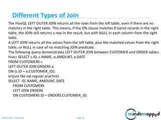 Page 26Classification: Restricted
The HiveQL LEFT OUTER JOIN returns all the rows from the left table, even if there are no
matches in the right table. This means, if the ON clause matches 0 (zero) records in the right
table, the JOIN still returns a row in the result, but with NULL in each column from the right
table.
A LEFT JOIN returns all the values from the left table, plus the matched values from the right
table, or NULL in case of no matching JOIN predicate.
The following query demonstrates LEFT OUTER JOIN between CUSTOMER and ORDER tables:
hive> SELECT c.ID, c.NAME, o.AMOUNT, o.DATE
FROM CUSTOMERS c
LEFT OUTER JOIN ORDERS o
ON (c.ID = o.CUSTOMER_ID);
or(just like sql regular practice)
SELECT ID, NAME, AMOUNT, DATE
FROM CUSTOMERS
LEFT JOIN ORDERS
ON CUSTOMERS.ID = ORDERS.CUSTOMER_ID;
Different Types of Join
 