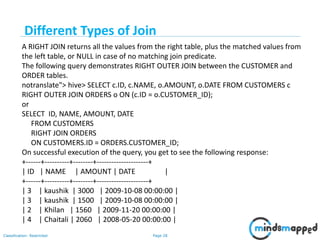 Page 28Classification: Restricted
A RIGHT JOIN returns all the values from the right table, plus the matched values from
the left table, or NULL in case of no matching join predicate.
The following query demonstrates RIGHT OUTER JOIN between the CUSTOMER and
ORDER tables.
notranslate"> hive> SELECT c.ID, c.NAME, o.AMOUNT, o.DATE FROM CUSTOMERS c
RIGHT OUTER JOIN ORDERS o ON (c.ID = o.CUSTOMER_ID);
or
SELECT ID, NAME, AMOUNT, DATE
FROM CUSTOMERS
RIGHT JOIN ORDERS
ON CUSTOMERS.ID = ORDERS.CUSTOMER_ID;
On successful execution of the query, you get to see the following response:
+------+----------+--------+---------------------+
| ID | NAME | AMOUNT | DATE |
+------+----------+--------+---------------------+
| 3 | kaushik | 3000 | 2009-10-08 00:00:00 |
| 3 | kaushik | 1500 | 2009-10-08 00:00:00 |
| 2 | Khilan | 1560 | 2009-11-20 00:00:00 |
| 4 | Chaitali | 2060 | 2008-05-20 00:00:00 |
Different Types of Join
 