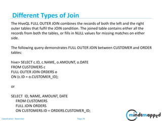 Page 29Classification: Restricted
The HiveQL FULL OUTER JOIN combines the records of both the left and the right
outer tables that fulfil the JOIN condition. The joined table contains either all the
records from both the tables, or fills in NULL values for missing matches on either
side.
The following query demonstrates FULL OUTER JOIN between CUSTOMER and ORDER
tables:
hive> SELECT c.ID, c.NAME, o.AMOUNT, o.DATE
FROM CUSTOMERS c
FULL OUTER JOIN ORDERS o
ON (c.ID = o.CUSTOMER_ID);
or
SELECT ID, NAME, AMOUNT, DATE
FROM CUSTOMERS
FULL JOIN ORDERS
ON CUSTOMERS.ID = ORDERS.CUSTOMER_ID;
Different Types of Join
 