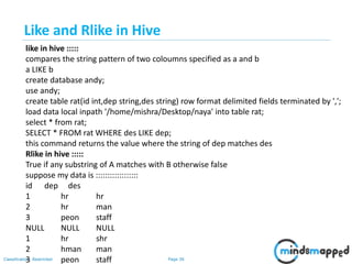 Page 36Classification: Restricted
like in hive :::::
compares the string pattern of two coloumns specified as a and b
a LIKE b
create database andy;
use andy;
create table rat(id int,dep string,des string) row format delimited fields terminated by ',';
load data local inpath '/home/mishra/Desktop/naya' into table rat;
select * from rat;
SELECT * FROM rat WHERE des LIKE dep;
this command returns the value where the string of dep matches des
Rlike in hive :::::
True if any substring of A matches with B otherwise false
suppose my data is ::::::::::::::::::
id dep des
1 hr hr
2 hr man
3 peon staff
NULL NULL NULL
1 hr shr
2 hman man
3 peon staff
Like and Rlike in Hive
 