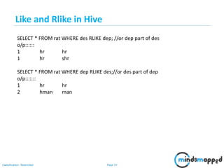 Page 37Classification: Restricted
SELECT * FROM rat WHERE des RLIKE dep; //or dep part of des
o/p::::::
1 hr hr
1 hr shr
SELECT * FROM rat WHERE dep RLIKE des;//or des part of dep
o/p:::::::
1 hr hr
2 hman man
Like and Rlike in Hive
 
