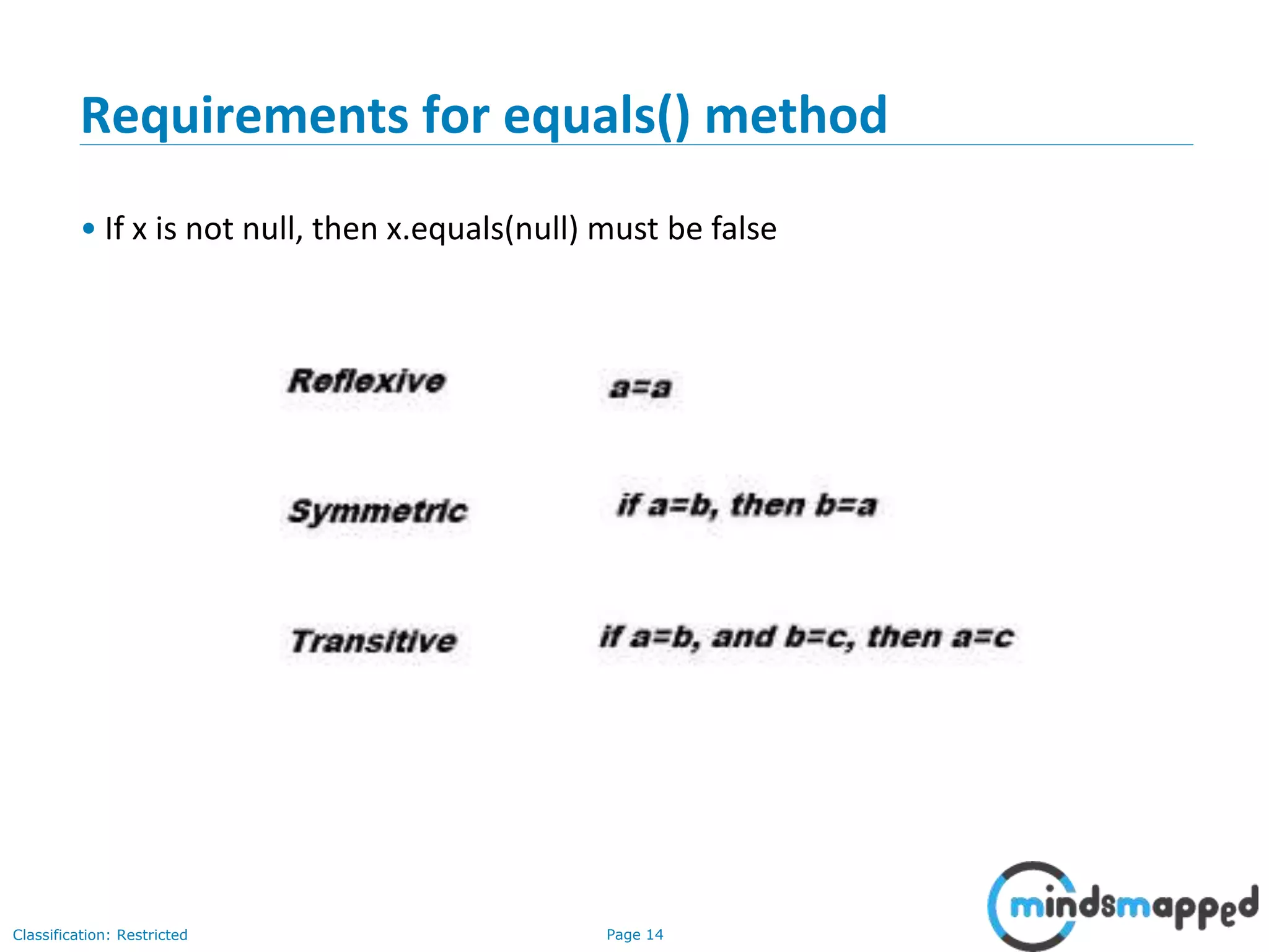 Page 14Classification: Restricted
14
Requirements for equals() method
• If x is not null, then x.equals(null) must be false
 