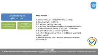 #ATAGTR2019
As a author of this presentation I/we own the copyright and confirm the originality of the content. I/we allow Agile testing alliance to use the content for social media marketing, publishing it on ATA Blog or ATA social medial
channels(Provided due credit is given to me/us)
Deep Learning
1.Deep Learning is a subset of Machine Learning.
2.It solves complex problems.
3. It works on high end machines.
4. It works on artificial neural network to solve the problems.
5. It wants enormous amount of input data (Unlabeled).
6. It takes lots of time to solve the problem.
7. It solves the complete problem on end to end system and
produce output.
8. Example: Number Plate Detection, Automatic Language
Translation etc
.
 