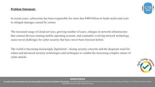 #ATAGTR2019
As a author of this presentation I/we own the copyright and confirm the originality of the content. I/we allow Agile testing alliance to use the content for social media marketing, publishing it on ATA Blog or ATA social medial
channels(Provided due credit is given to me/us)
Problem Statement:
In recent years, cybercrime has been responsible for more that $400 billion in funds stolen and costs
to mitigate damages caused by crimes.
The increased usage of cloud services, growing number of users, changes in network infrastructure
that connect devices running mobile operating systems, and constantly evolving network technology
cause novel challenges for cyber security that have never been foreseen before.
The world is becoming increasingly digitalized - raising security concerns and the desperate need for
robust and advanced security technologies and techniques to combat the increasing complex nature of
cyber-attacks.
 