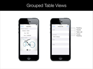 Grouped Table Views
Padding
Header
Table cell
Footer
Padding
 