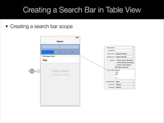 • Creating a search bar scope
Creating a Search Bar in Table View
 