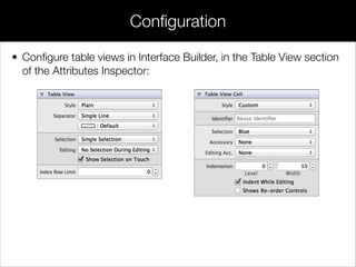 • Conﬁgure table views in Interface Builder, in the Table View section
of the Attributes Inspector:
Conﬁguration
 